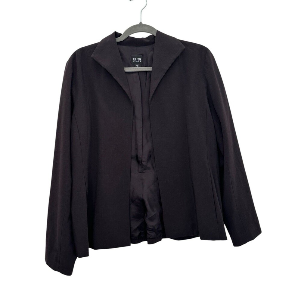 Eileen Fisher Open Front Blazer Jacket Black M Wool Viscose Italian Fabric Lined